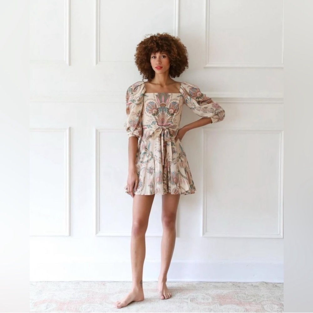 Mille Floral Square-Neck Mini Dress in Blush size XS